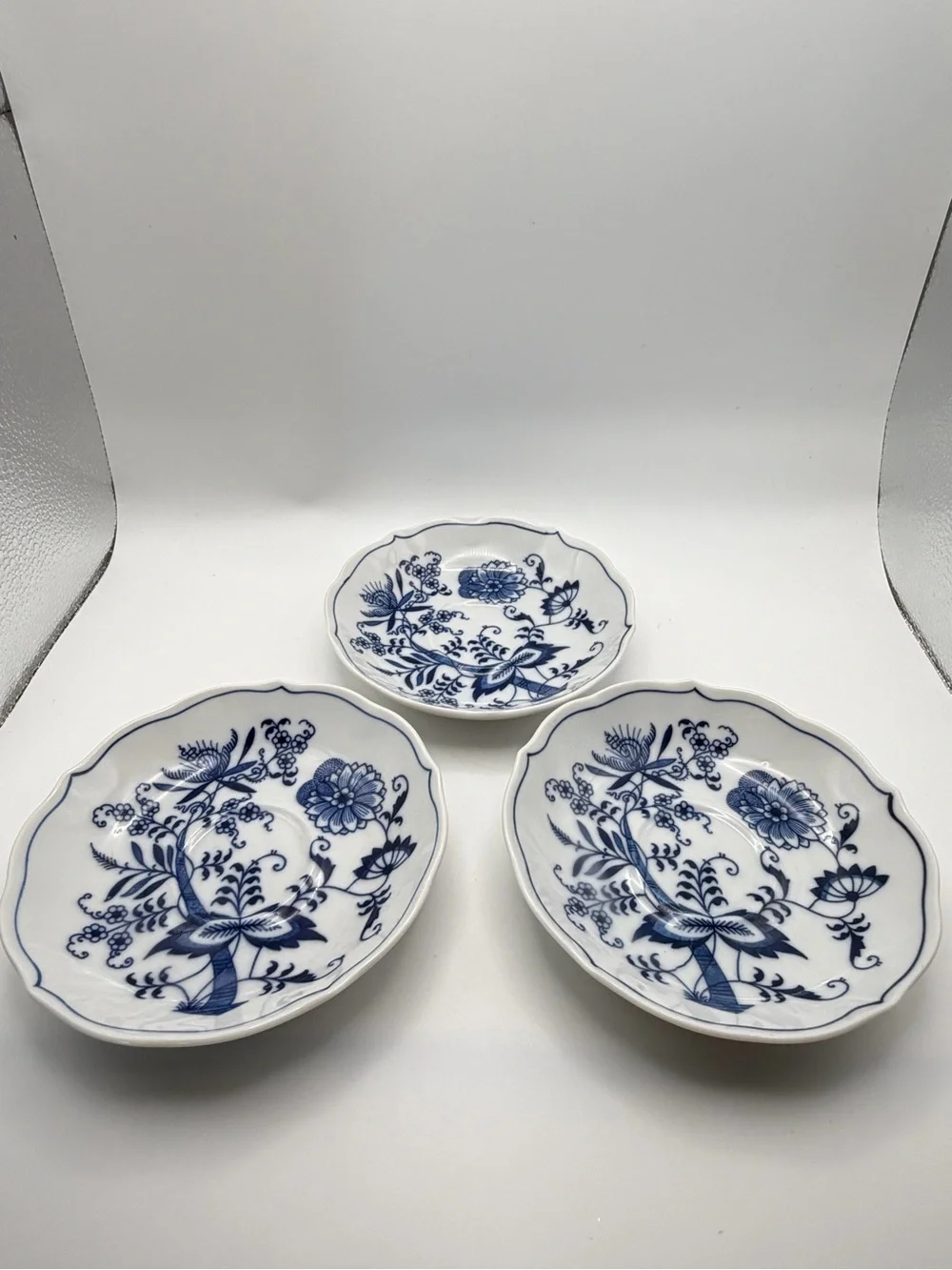 Blue Danube Set of 3 Teacup Saucers 5.5” Ribbon Banner Backstamp Farmhouse